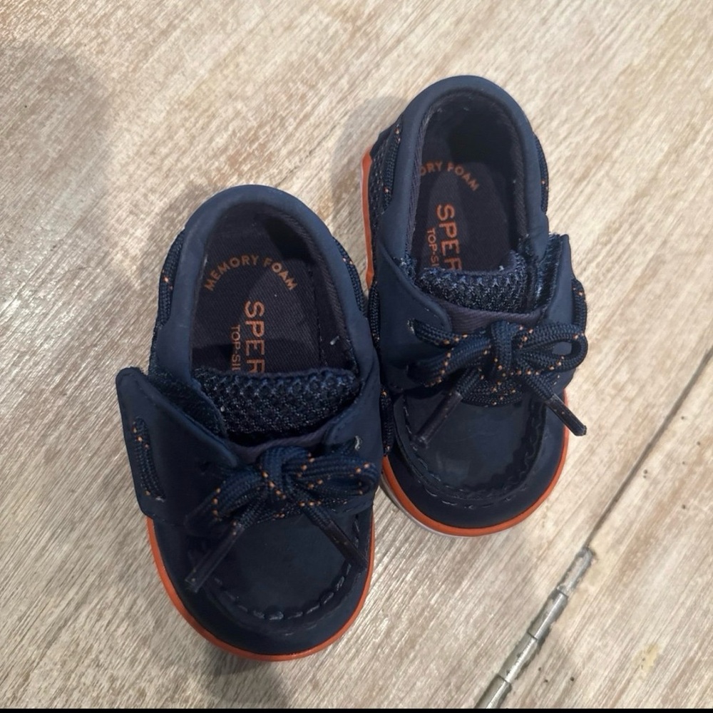 Sperry Navy Kids Slip-On Sneakers with Orange Accent